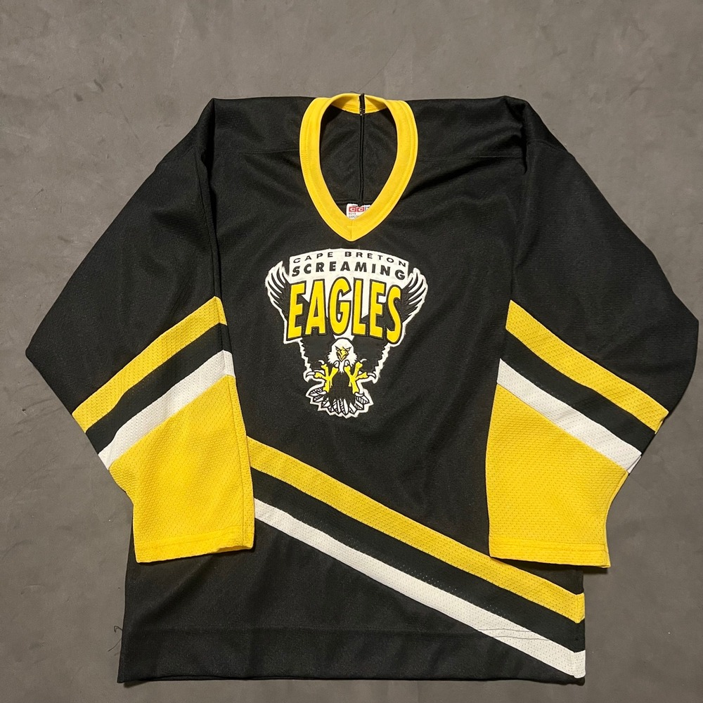 Vintage 90s CCM Cape Breton Screaming Eagles Hockey Jersey Boys L/XL Black QMJHL